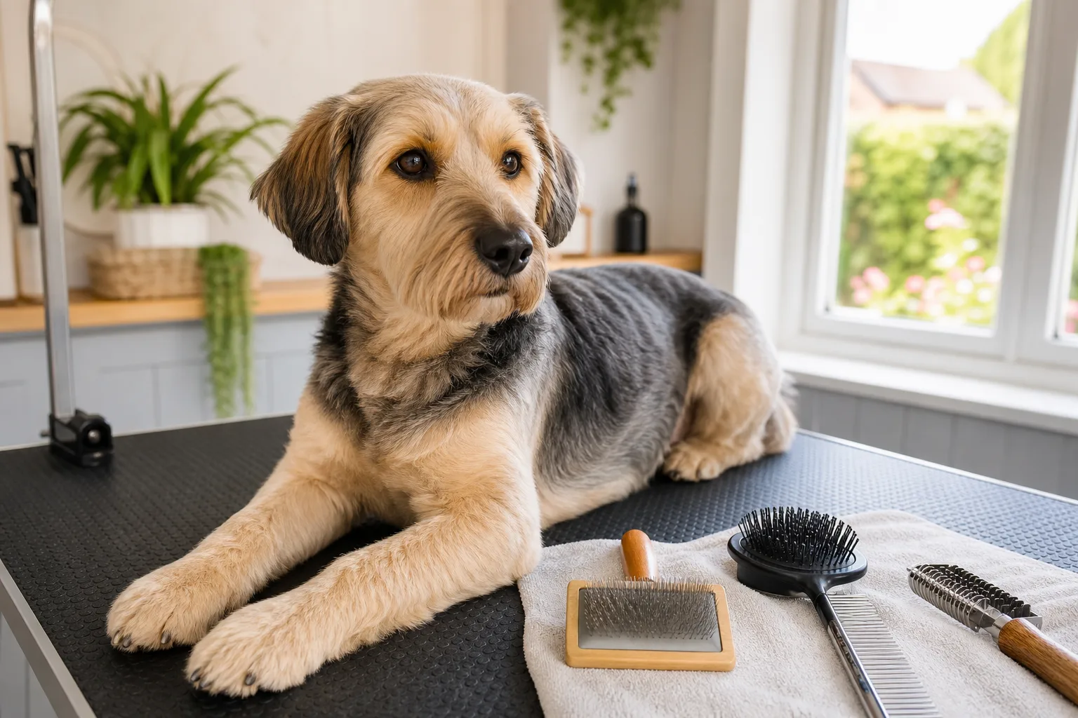 Calm medium-sized dog on a grooming table being brushed gently with a slicker brush; comb and other tools placed nearby in a bright salon.