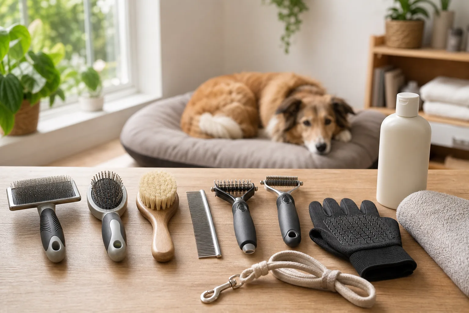 A calm groomer’s table laid out with clean dog grooming tools: slicker brush, metal comb, undercoat rake, grooming glove and towel, beside a relaxed dog bed.