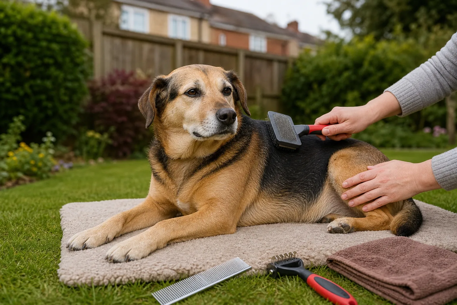 Relaxed dog on a grooming mat outdoors while a groomer gently brushes its coat, sunlight and green garden in the background