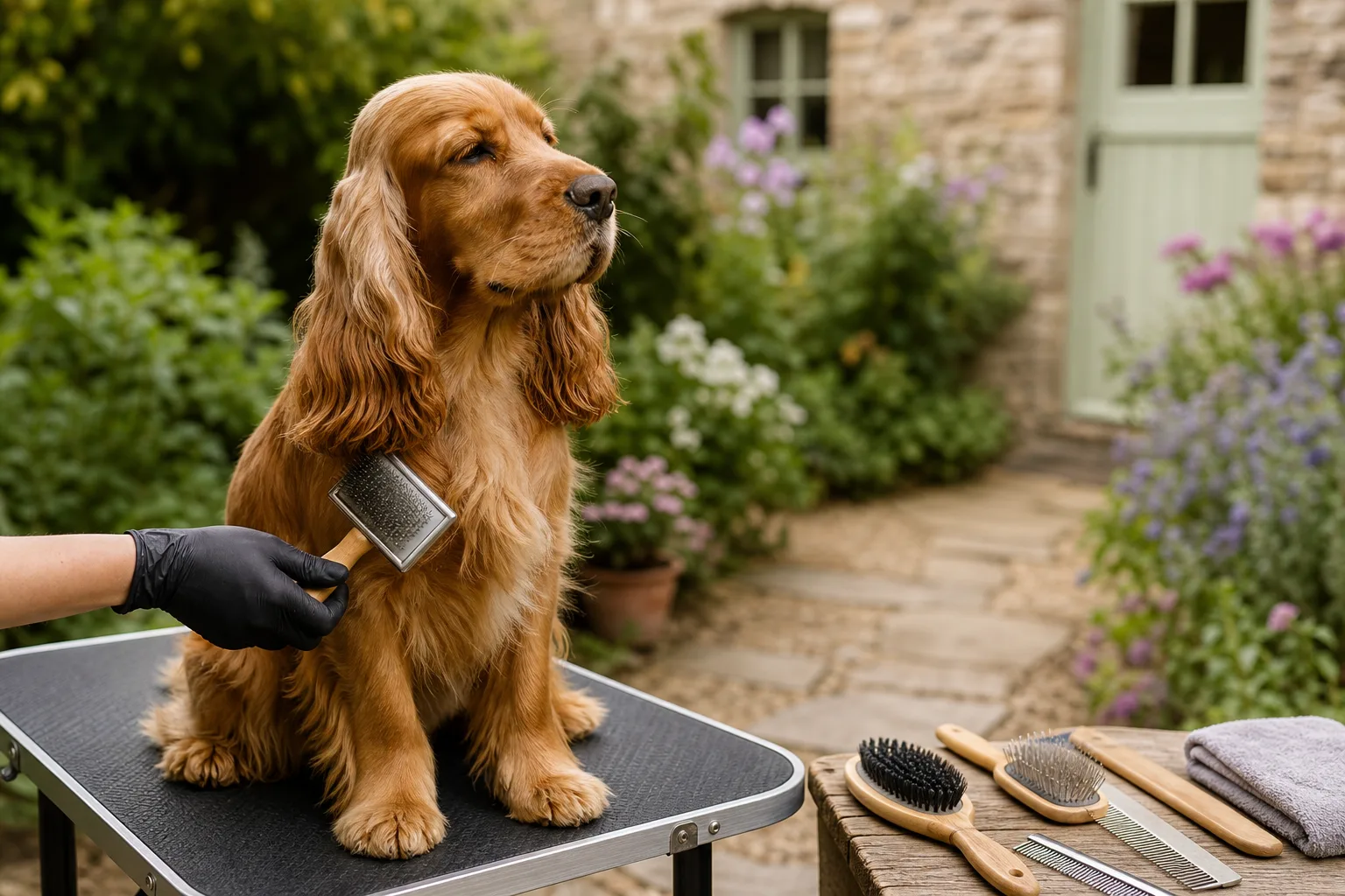 A calm dog on a grooming table outdoors with a brush nearby, sunlight, green hedgerow in background