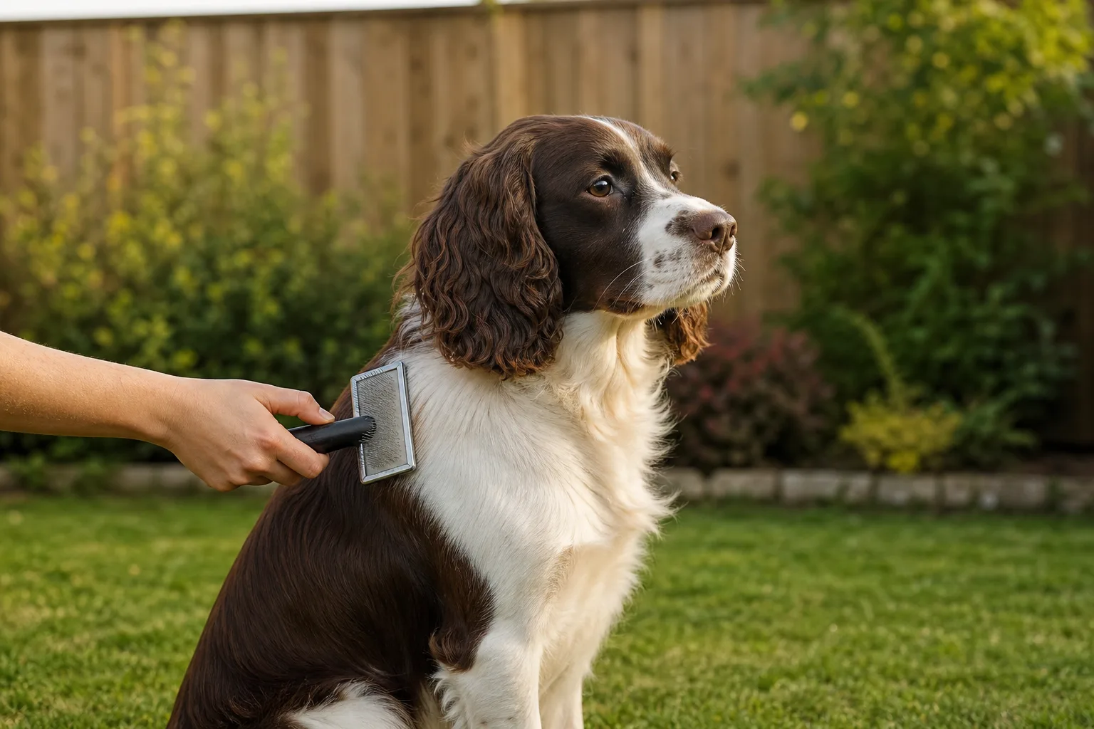 Well-groomed medium-sized dog with shiny coat being gently brushed outdoors in soft morning light