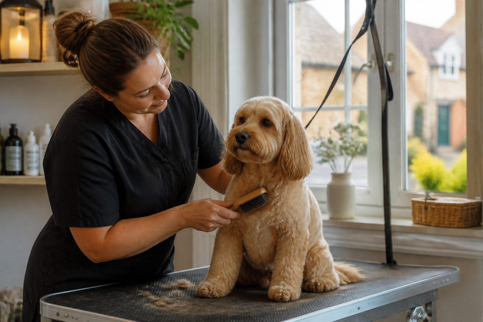 Calm groomer gently brushing a relaxed dog in a one-to-one grooming room