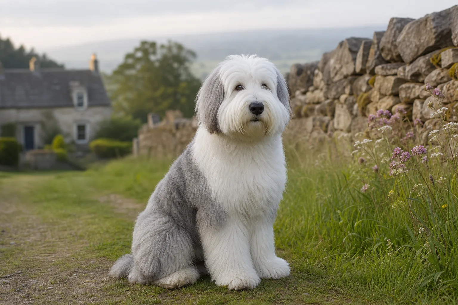 A clean white and grey spaniel sitting on a grassy lane, close-up on its bright, well‑groomed coat in soft morning light.