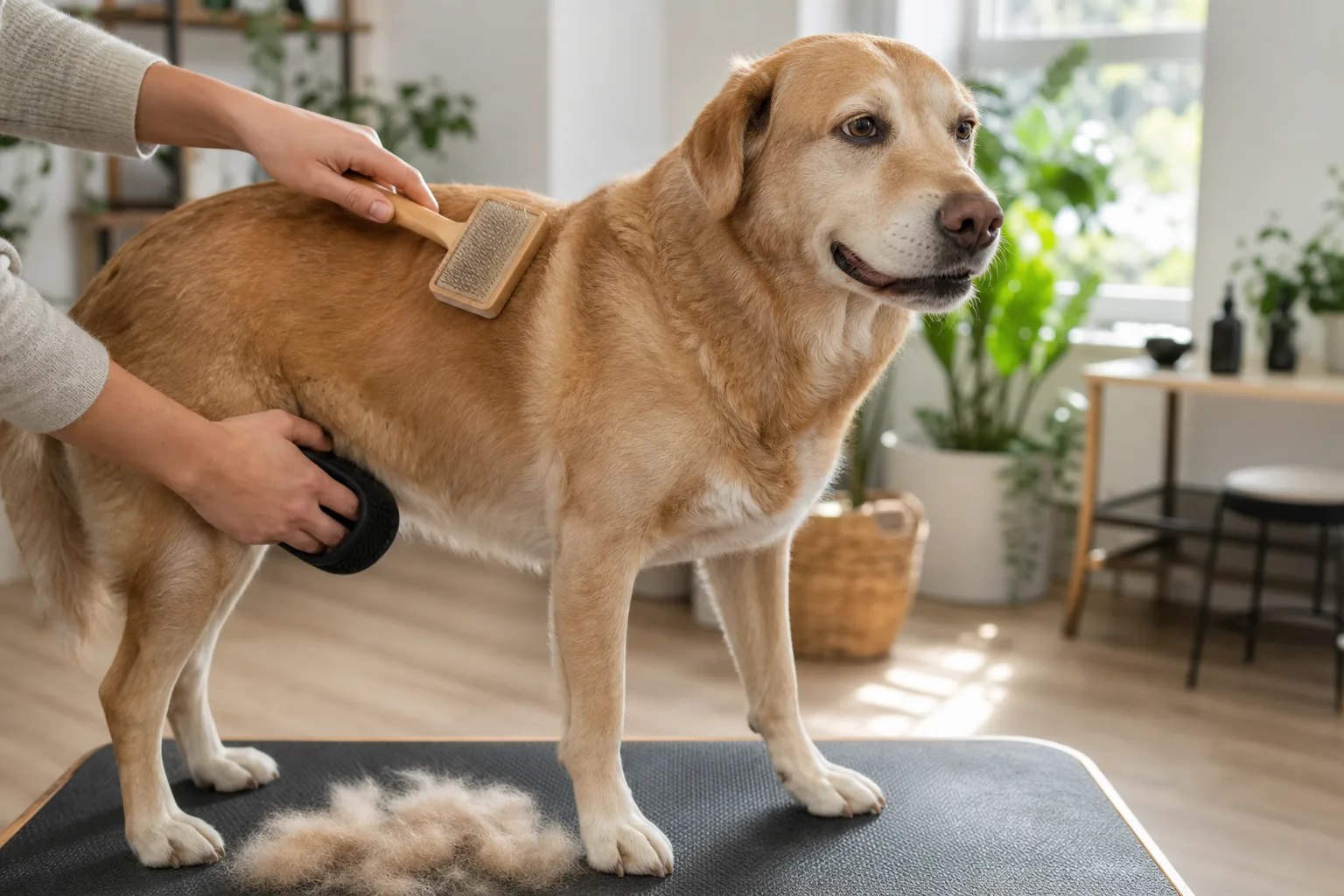 A medium-coated dog calmly standing on a grooming table while gentle brushing removes loose hair; soft natural light, clean salon setting.