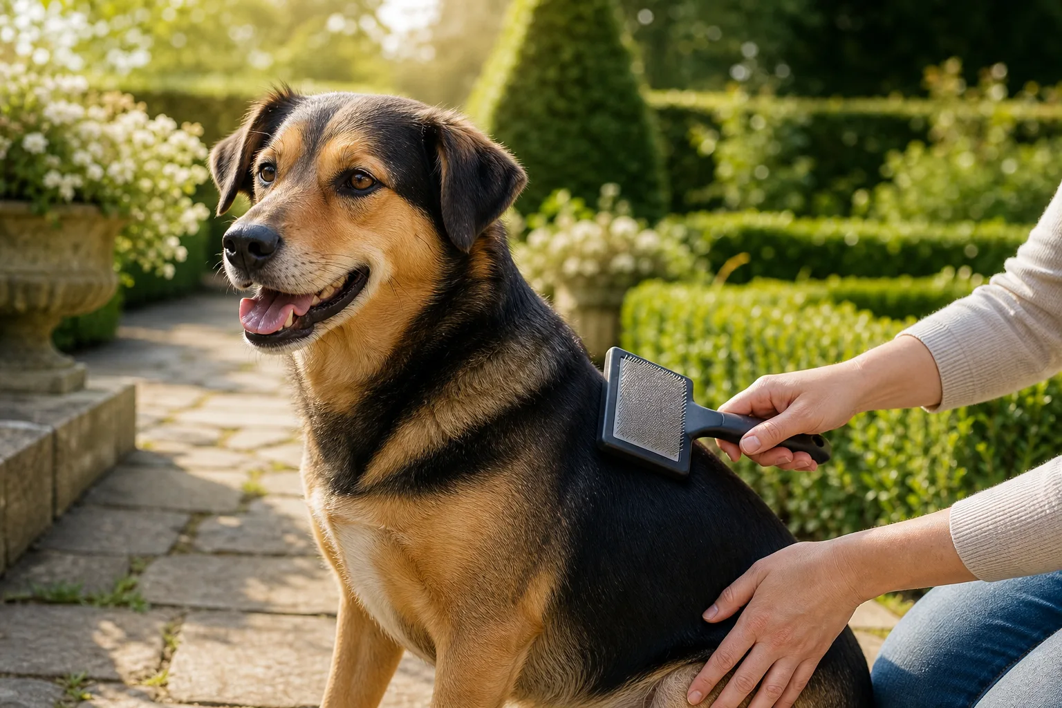 Medium-sized dog with shiny coat sitting calmly outdoors while a pair of hands gently brushes its coat with a slicker brush
